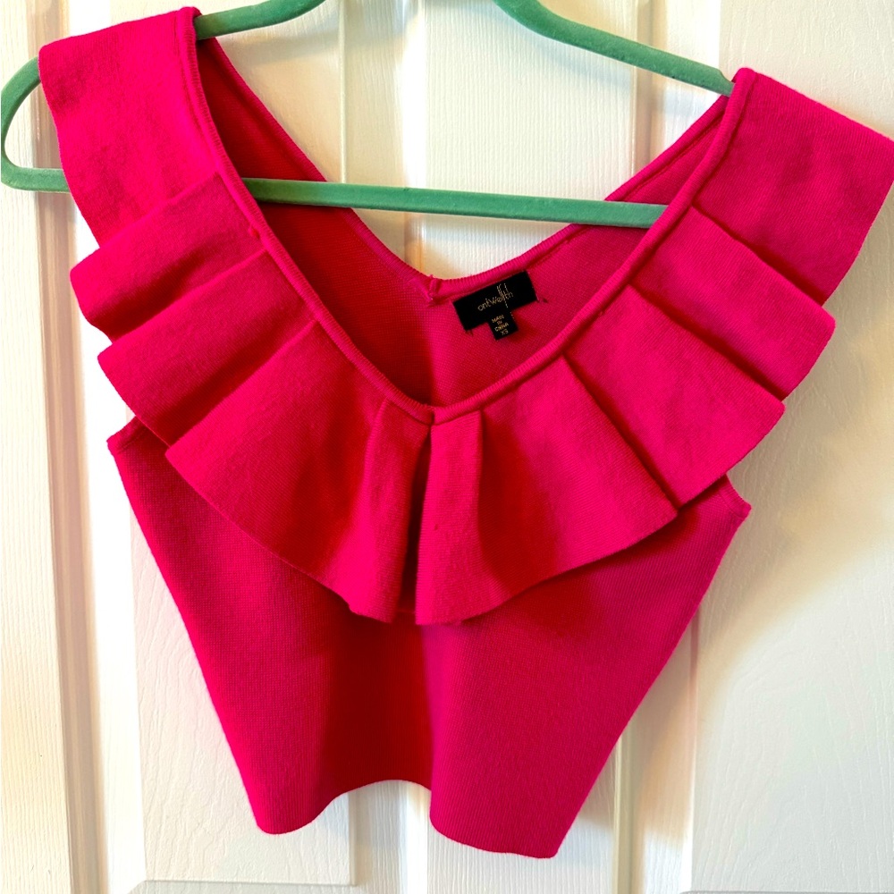 Antwelfth Bright Pink Knit Crop Top, XS, V Neck w Ruffle NWOT